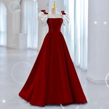 Red Satin Prom Dress, Sweet Square Neck Evening..
