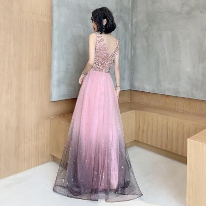 Pink Tulle Long A-line Prom Dress,shiny V-neck..