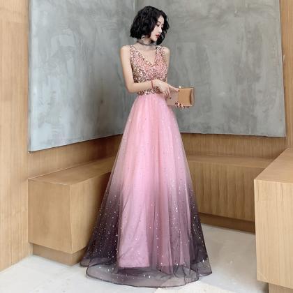 Pink Tulle Long A-line Prom Dress,shiny V-neck..