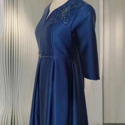 Royal Blue Satin Midi A-line Prom Dress,formal..