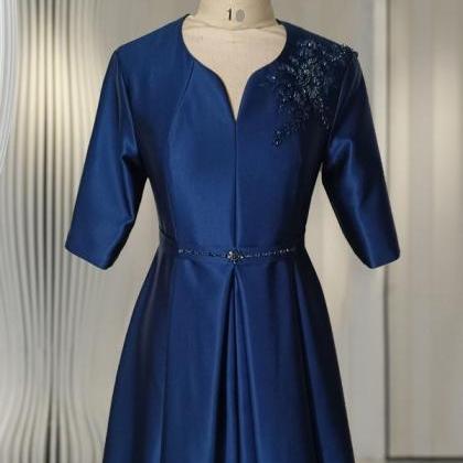 Royal Blue Satin Midi A-line Prom Dress,formal..