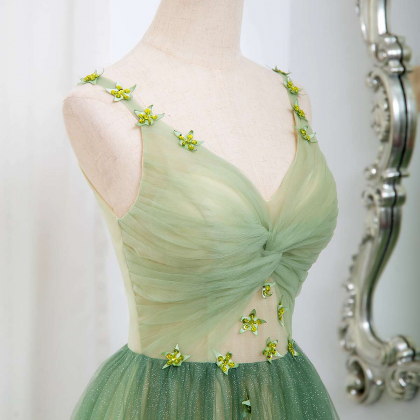 Green Gradient A-line Tulle V-neckline Long Party..