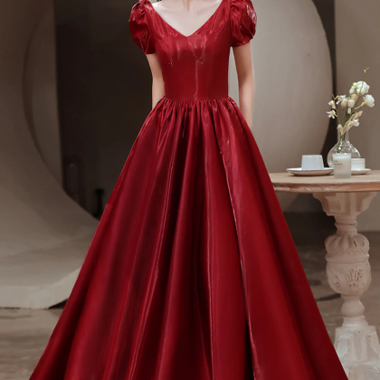 Red Satin A-line Floor Length Prom Dress, Red Off..