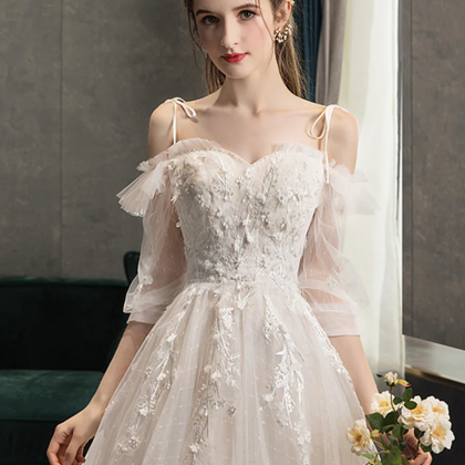 White Tulle Lace Long Prom Dresses, A-line Evening..