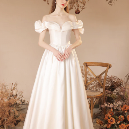 White Satin Floor Length Formal Dress, A-line Off..