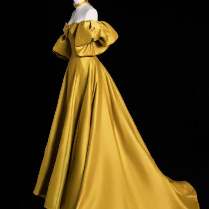 Yellow Satin Long Prom Dress, Off The Shoulder..