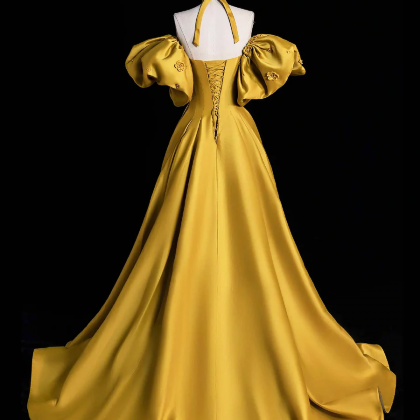 Yellow Satin Long Prom Dress, Off The Shoulder..