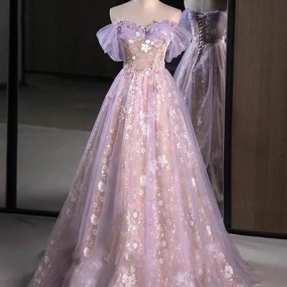 Off Shoulder Tulle Lace Purple Long Prom Dress,..