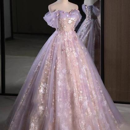 Off Shoulder Tulle Lace Purple Long Prom Dress,..