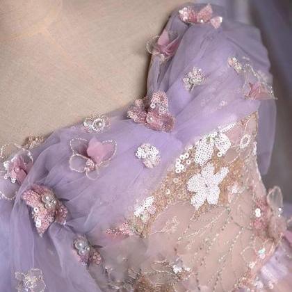 Off Shoulder Tulle Lace Purple Long Prom Dress,..