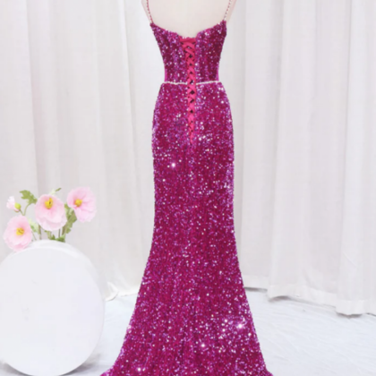 Sexy Mermaid Sequin Long Prom Dress, Luxury Pink..