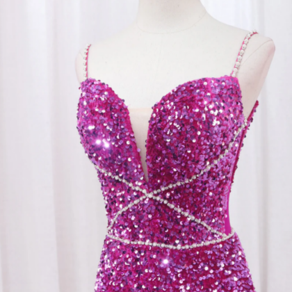 Sexy Mermaid Sequin Long Prom Dress, Luxury Pink..