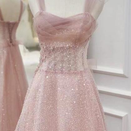 Fairy A-line Sequin Long Prom Dress, Luxury Pink..