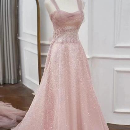 Fairy A-line Sequin Long Prom Dress, Luxury Pink..
