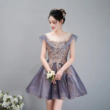 See through Collar Lantern Sleeve A line Pleated Personality Beaded Party Light Dress Party Dress main image 1
