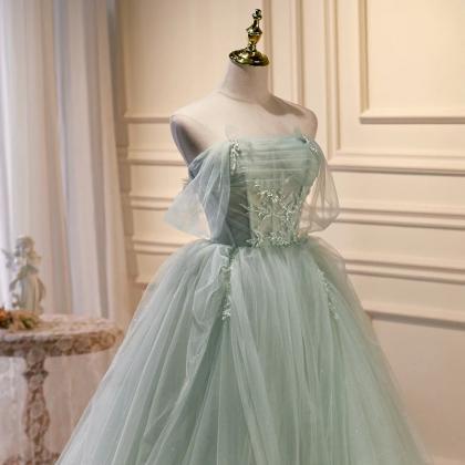 17004 Blue Floral Applique Tulle Train Gown