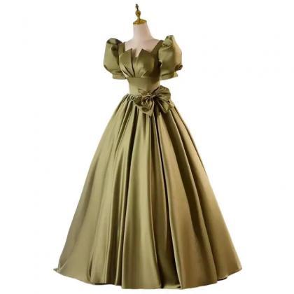 Satin Puffy Sleeve Ball Gown Bow Beading Prom Dress