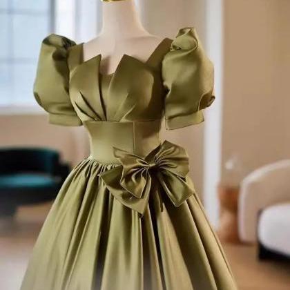 Satin Puffy Sleeve Ball Gown Bow Beading Prom Dress main image 1