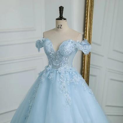 One Shoulder A-line Ball Gown Light Blue Lace Evening Ball Gown Lace Prom Dresses,DS4265 main image 1
