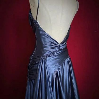 High Neck Wide Sleeve Satin Gown Navy