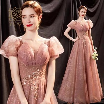 Charming Pink Sequin Two Piece Gown with Puffy Sleeves Evening Dress SS548 main image 1