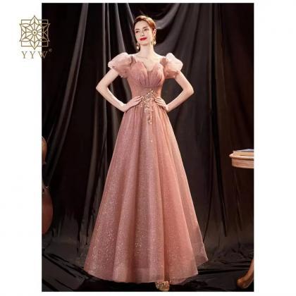 Charming Pink Sequin Two Piece Gown with Puffy Sleeves Evening Dress SS548