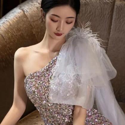 Sparkling Asymmetrical Sequin Gown With Sheer Overlay on Luulla