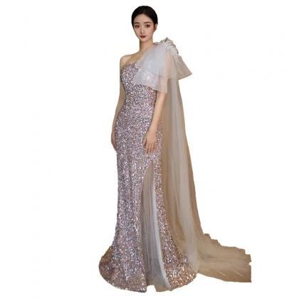 Sparkling Asymmetrical Sequin Gown With Sheer Overlay on Luulla