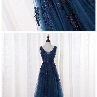 A-LINE V-NECK FLOOR LENGTH TULLE PROM DRESS/EVENING DRESS WITH APPLIQUES 