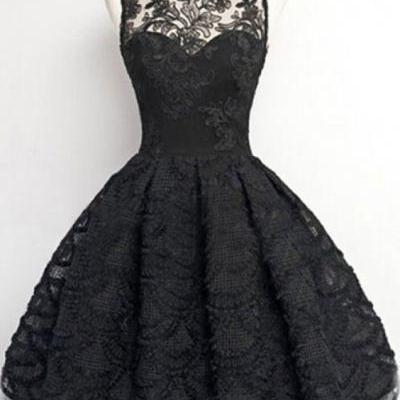 Vintage, Homecoming/Prom Dress - Black Sheer Neck with Lace , Short Evening Gowns