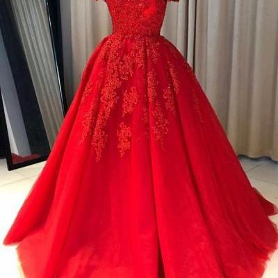 Off Shoulder Red Lace A-line Cheap Evening Prom Dresses, Sweet 16 Dresses, Long Prom Dresses ,Custom Made ,New Fashion
