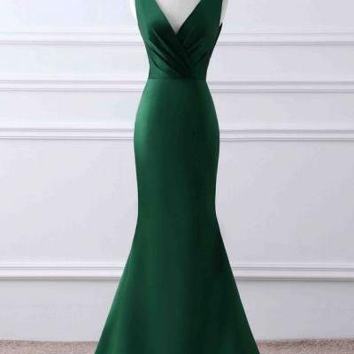 Green matte satin v-neck mermaid ,unique design evening dress,Custom Made ,New Fashion