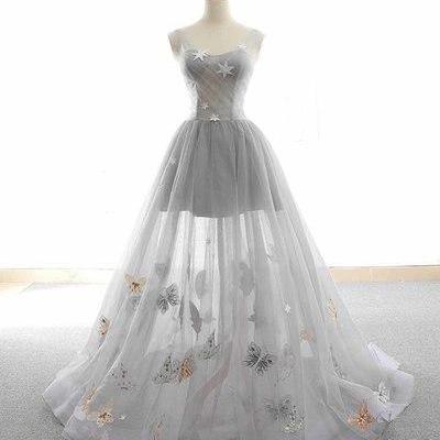 Cute Tulle Lace Prom Dress, Long Evening Gowns,Gray tulle sparkly Long customize Prom dress, Animals Embroidery Applique , Floor Length Evening Dress