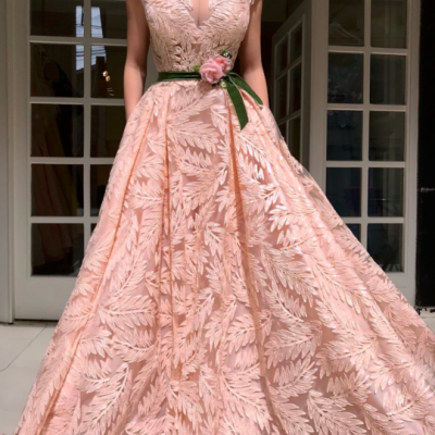 Charming Sexy V Neckline ,A Line Prom Dress , Floor Length,3D Flower Applique ,Lace Evening Dress ,Custom Made,New Fashion 