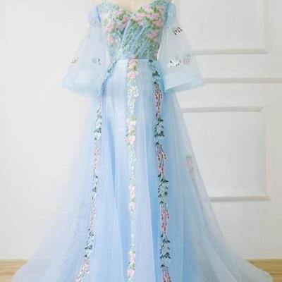 Sweetheart neck blue tulle off shoulder long prom dress, evening dress with sleeves
