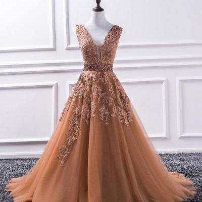 Luxurious A-Line V-Neck Champagne Tulle Lace Court Train Long Prom Dress with Beading