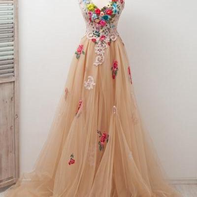 A-line Scoop Sleeveless Open Back Appliques Tulle Prom Dress with Hand-Made Flowers
