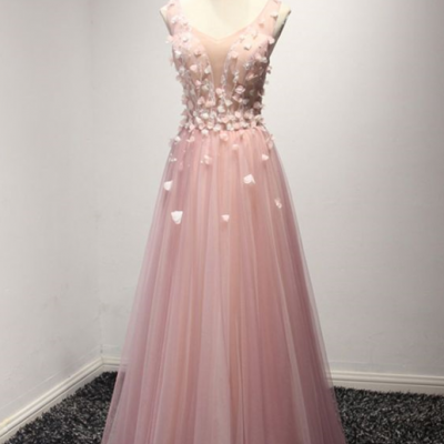 Princess Pink Tulle Formal Dress With Floral Bodice For Women