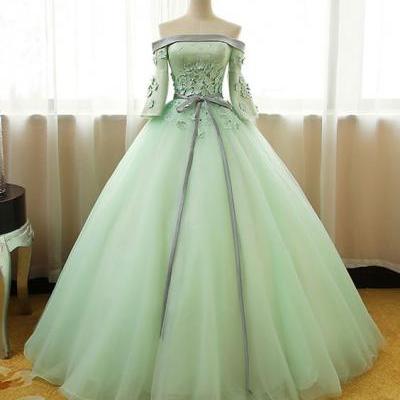 MINT TULLE ,OFF SHOULDER, MID SLEEVES, LONG EVENING DRESS WITH SILVER GRAY SASH