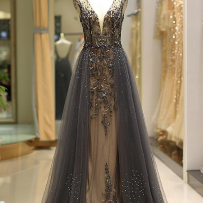 Modest haute couture,Tulle V-neck Neckline Floor-length, A-Line Evening Dress With Beadings