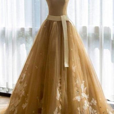 yellow party dress strapless evening dress tulle applique prom dress with sash off shoulder formal dress 