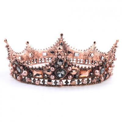 Bride tiara, hot style, retro round crown, Baroque crystal pearl alloy crown, studio photo jewelry