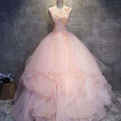 Ball Gown pink o-neck quinceanera Dress, Open Back Champagne appliques Tulle Ruffle Quinceanera Prom Dress,Custom Made