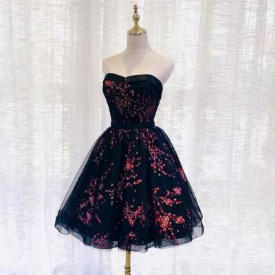 Black strapless printed homecoming dress, short evening dress, birthday party dress,custom made