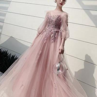 Long sleeve evening dress, fairy dream pink party dress,custom made