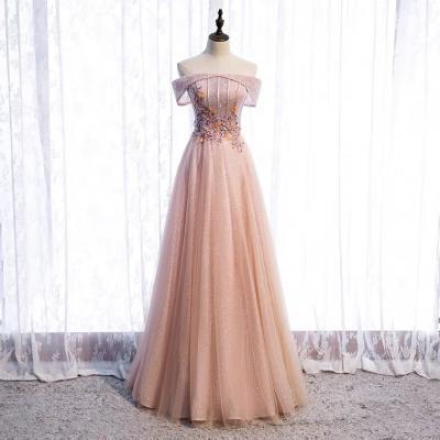 Pink evening dress, new style, long off shoulder fairy elegant party dress,Custom Made