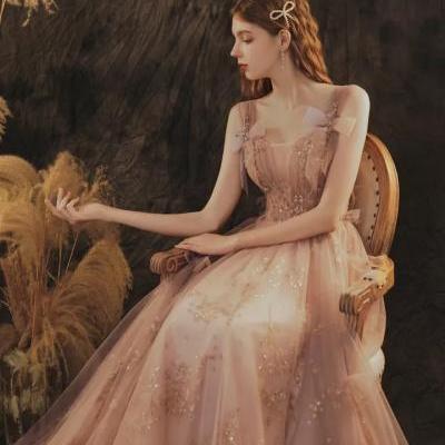 Spaghetti strap bridesmaid dress, fairy elegant long evening dress, applique lace princess dress ,Custom Made