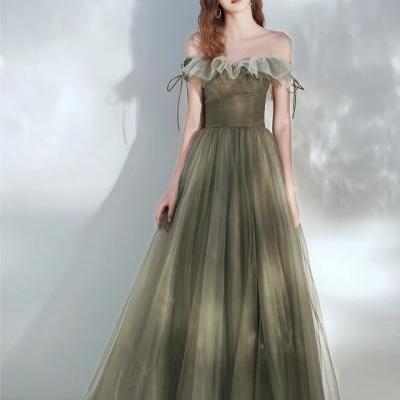 Off-the-shoulder prom gown, classy avocado green evening gown, fairy party dress,Custom Made