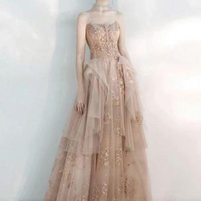 New ,champagne wedding bridesmaid dresses, strapless long prom dress,custom made