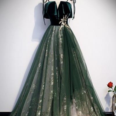 Spaghetti strap evening dress, temperament, green long fairy dress, dream shiny party dress,custom made
